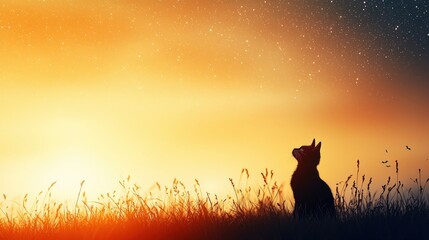 Naklejka na meble A cat is sitting in a field of tall grass at sunset