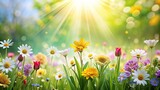 Forced perspective spring background with flowers and sunshine