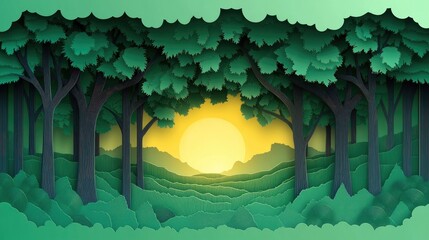 Aufkleber - Morning sunlight filtering through trees with a layer of green mist below Morning sunlight shining through trees with green mist beneath
