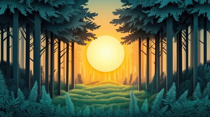 Aufkleber - Morning sunlight filters through dense pine forests in a tranquil woodland setting Morning sunlight streams through thick pine trees in a peaceful forest scene