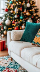 Canvas Print - A christmas tree in a living room with a white couch