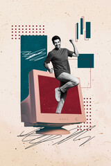Poster - Trend artwork composite sketch image photo collage of workspace young man appear display computer monitor retro remote job success fist