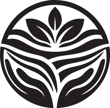 A black and white logo and icon on a white background
