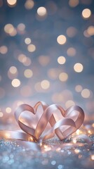 Elegant ribbon shaped into two intertwined hearts, placed on glittery surface, surrounded by subtle heart-shaped bokeh lights and glowing fairy lights in the background, soft and dreamy pastel colors