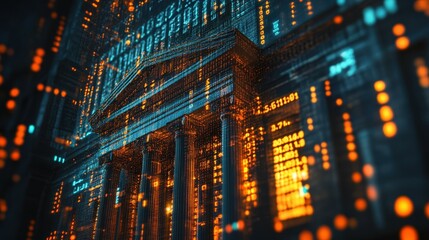 Futuristic digital cityscape with glowing data streams