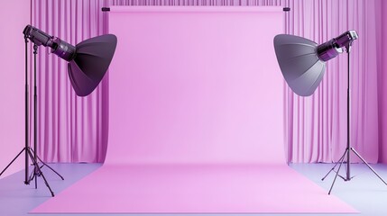 Two studio lights with softboxes are set up in a room with a pink backdrop.