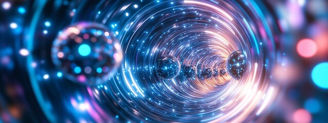 Poster - A vibrant abstract representation of a swirling tunnel filled with glowing orbs and colorful lights, creating a sense of depth and motion