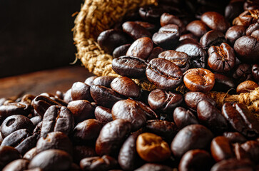 Roasted coffee beans poured out of a brown sack, close up of roasted coffee beans