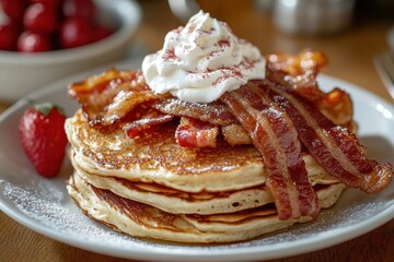 Poster - brunch breakfast delights, a tempting plate of bacon toast with fluffy pancakes and whipped cream, a decadent brunch choice