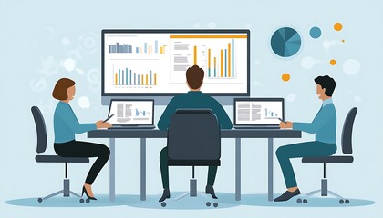 Poster - Businesspeople analyzing data on laptops and a large screen
