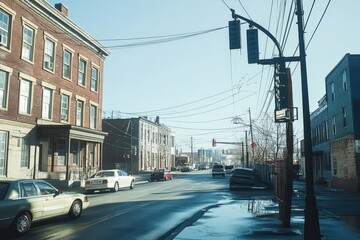 urban city street scene with buildings and cars