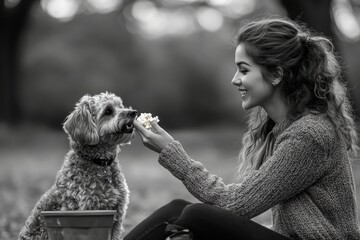 Black and white image of a woman feeding a dog popcorn in a park setting