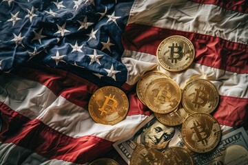 Golden Bitcoin coins on US dollar bills with flag backdrop