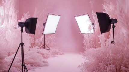 A photo studio with a pink backdrop and two lights with softboxes set up in front of white fluffy plants.