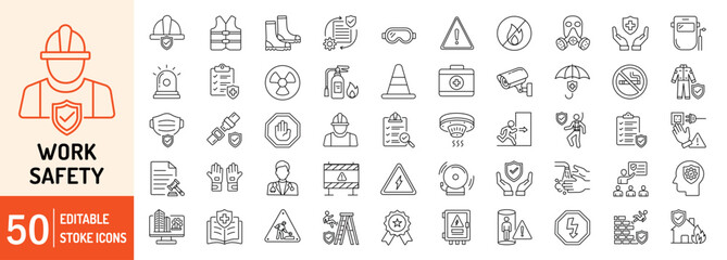 work safety editable stroke outline web icons set. safety first, hazard, protection, health, insuran