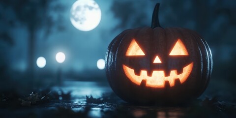 A glowing jack-o'-lantern sits in a dark, spooky environment under a full moon, perfect for Halloween-themed imagery.