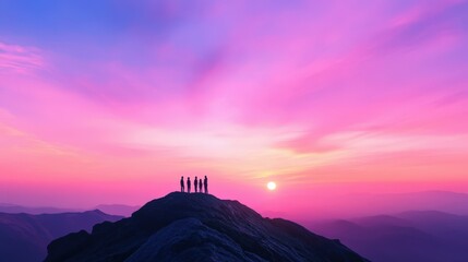 silhouettes of people on a mountain at sunset