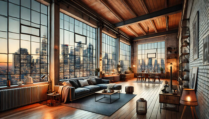 Industrial loft apartment with city skyline view
