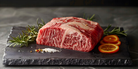 A large piece of meat is on a cutting board with other dishes.