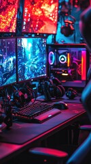 Poster - A vibrant gaming setup featuring multiple monitors, colorful lights, and gaming equipment, creating an immersive digital environment.