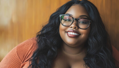 Overweight african girl smiling on camera - Plus size black young woman - Model by AI generative - Focus on face