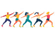 © Sodapeaw - Colorful vector illustration of group exercise class with diverse people in lively poses symbolizing health and fitness.