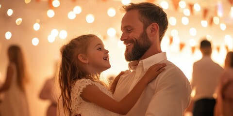 Heartwarming moment of a father and daughter sharing joy and laughter at a celebration surrounded by soft, magical lights.