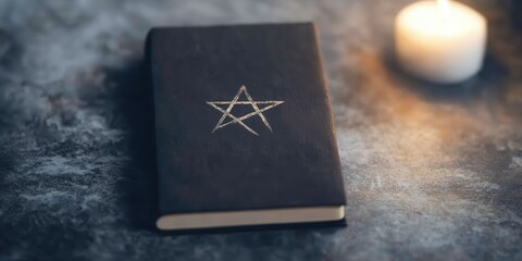 Mystical book with a pentagram symbol on its cover, illuminated by candlelight, evoking an atmosphere of magic and mystery.