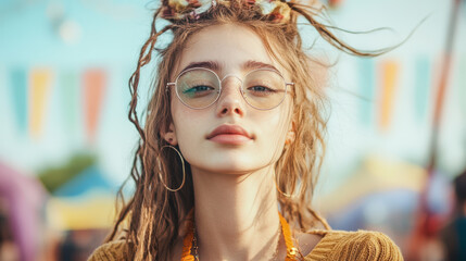 young woman with long, wavy hair and glasses stands confidently against vibrant festival backdrop, exuding relaxed and cool vibe. Her bohemian style is complemented by floral accessories and warm