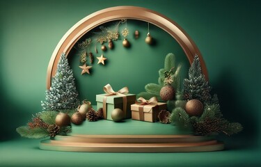 Two Christmas presents, one wrapped in green and one in brown paper, are on a stage with a gold frame around it.  A green and brown Christmas tree is on each side.