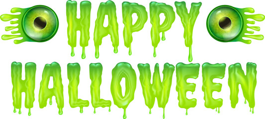 Happy halloween text logo with liquid green slime and zombie green eye isolated on transaparent background. Square happy halloween png banner, poster and poster with melting text and monster eyeball