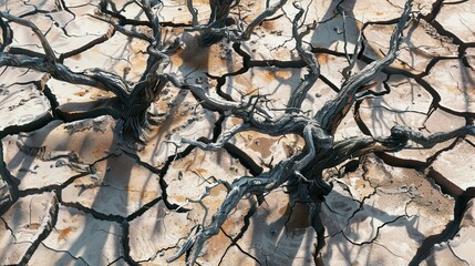 Poster - Barren land features lifeless trees protruding from dry, cracked earth, illustrating the harsh realities of drought and water scarcity. Generative AI
