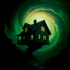 The house flies in the center of the vortex flow from the hurricane, moonlit night, conceptual mystical green illustration after the storm