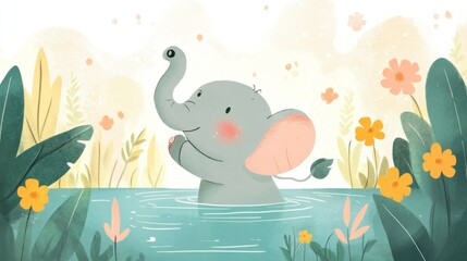 Wall Mural - Elephant in river with trunk lifted, splashing water, showing joyful demeanor