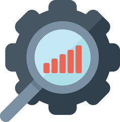 Poster - magnifying glass is analyzing a growing bar chart inside a gear wheel, representing business analysi
