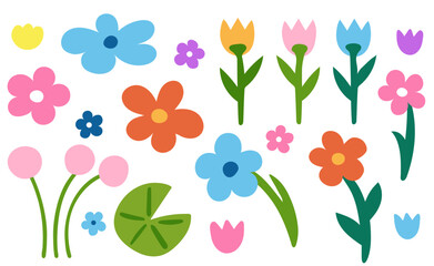 vector flowers in various shapes and colors: blue, orange, pink, purple, & yellow. perfect for flora