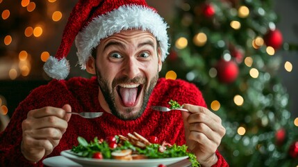 Excited man in Santa hat enjoying Christmas dinner with festive decor