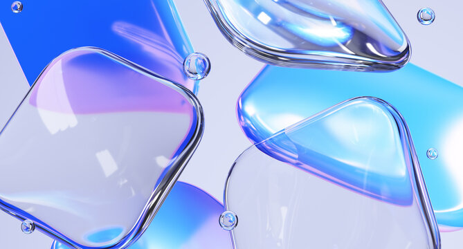 Glass shapes with colorful reflections composition. 3d rendering illustration.