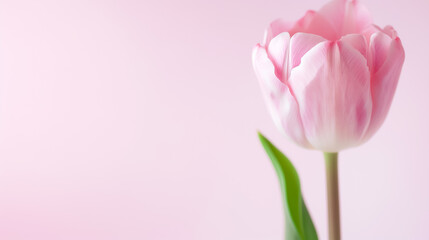 Poster - A beautiful pink tulip stands gracefully on a soft pastel backdrop, its petals gently unfurling in all their splendor, radiating tranquility and charm