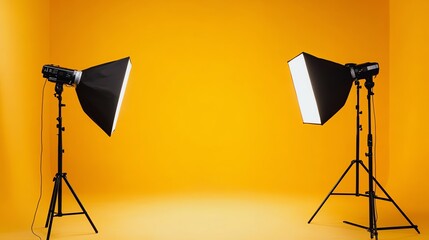 A photo studio set up with two lights and softboxes against a yellow backdrop.