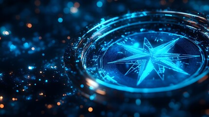 Wall Mural - Light blue holographic compass representing digital navigation, featuring glowing particles and circular data visualization, set against an abstract background with a sci-fi aesthetic.