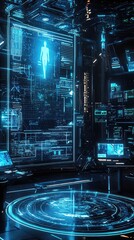 Poster - Futuristic digital interface with holographic display and advanced technology in a high-tech environment.