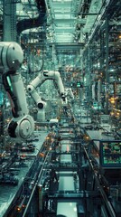 Poster - Futuristic robotics workstation with automated arms and intricate machinery in an advanced manufacturing environment.