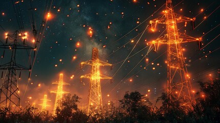 Electricity transmission towers with orange glowing wires against a starry night sky, illustrating the concept of energy infrastructure.