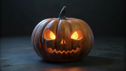 Close up model of a carved jack o lantern with a glowing candle, spooky horror halloween background