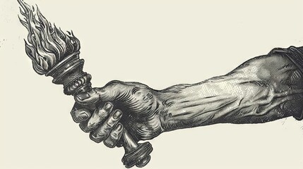 a human hand gripping a torch, depicted in an engraving style, symbolizing liberty. ideal for tattoo