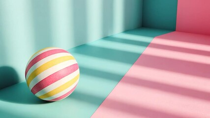 Poster - Striped ball rests on a pastel blue surface, casting a shadow on a pink and blue background. The scene creates a modern, minimalistic aesthetic with vibrant colors and playful shapes