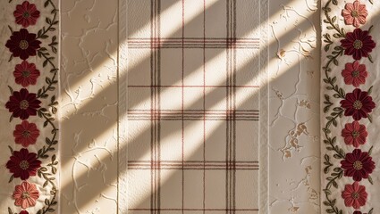 Canvas Print - Sunbeams illuminate a delicate floral embroidered fabric with a subtle plaid pattern.