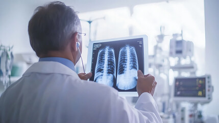 A doctor examining an X-ray image in a bright, modern hospital room, with medical charts and equipment in the background