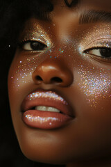  young black woman with glitter on her face, stars on her skin, and a focus on her lips and eyes